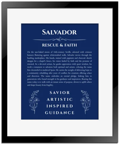 Salvador personalized name meaning print in deep blue with black matte frame