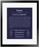 Sama personalized name art with origin story in navy blue with black matte frame
