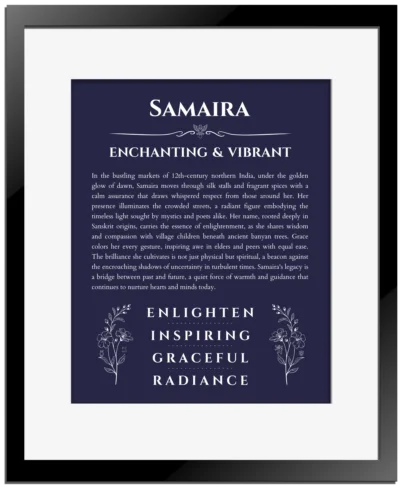 Samaira custom name meaning print in navy blue with black matte frame