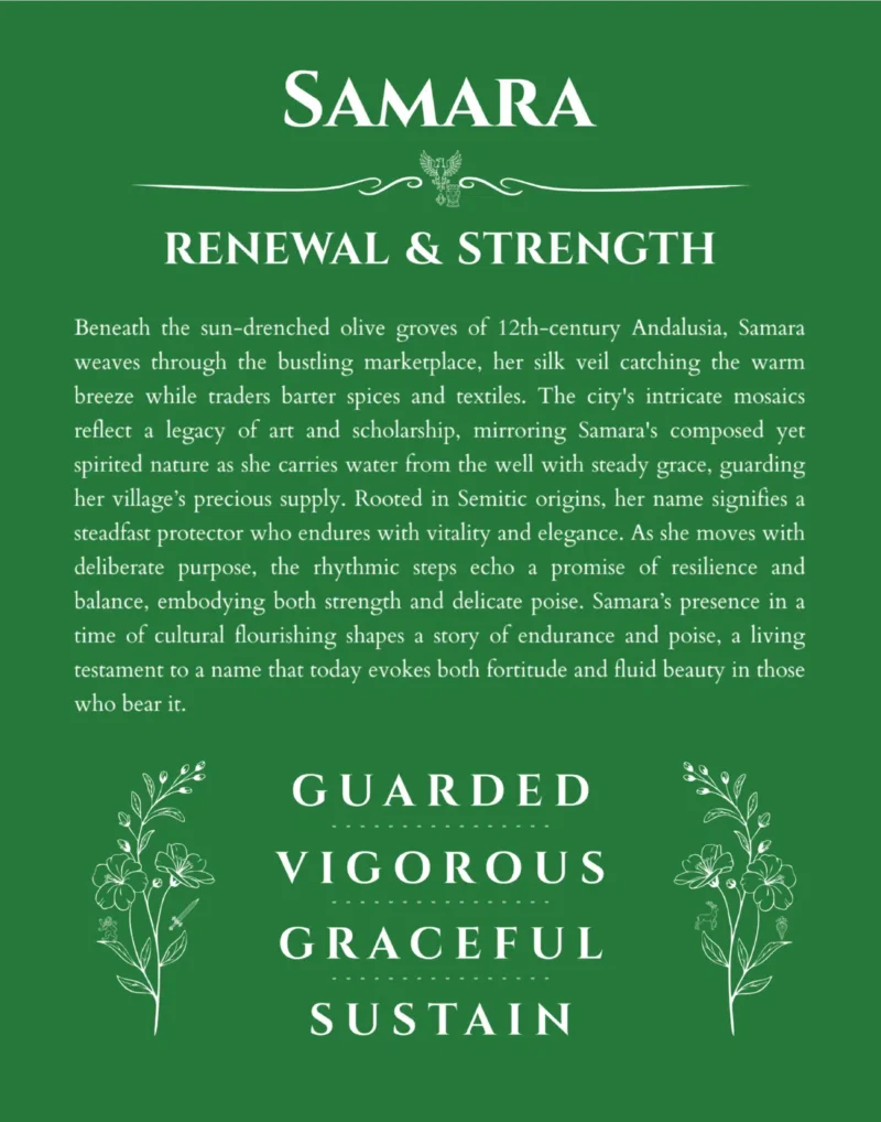Samara personalized name art with origin story in dark green