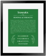Samara personalized name art with origin story in dark green with black matte frame
