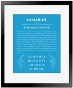 Samarah name origin print with meaning and traits in blue with black matte frame