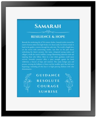 Samarah name origin print with meaning and traits in blue with black matte frame