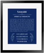 Samari name meaning gift print in deep blue with black matte frame