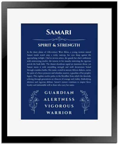 Samari name meaning gift print in deep blue with black matte frame