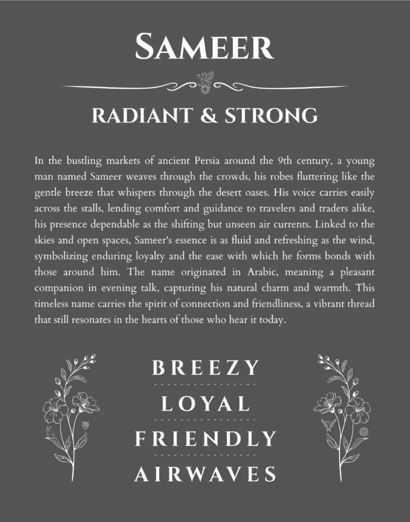 Sameer name origin print with meaning and traits in gray