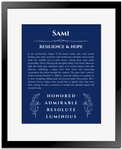 Sami personalized name meaning print in deep blue with black matte frame