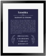 Samira name meaning gift print in navy blue with black matte frame