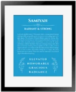 Samiyah custom name print for wall display in blue with black matte frame