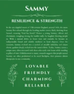 Sammy personalized name print with origin and traits in dark green