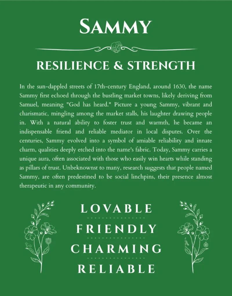 Sammy personalized name print with origin and traits in dark green