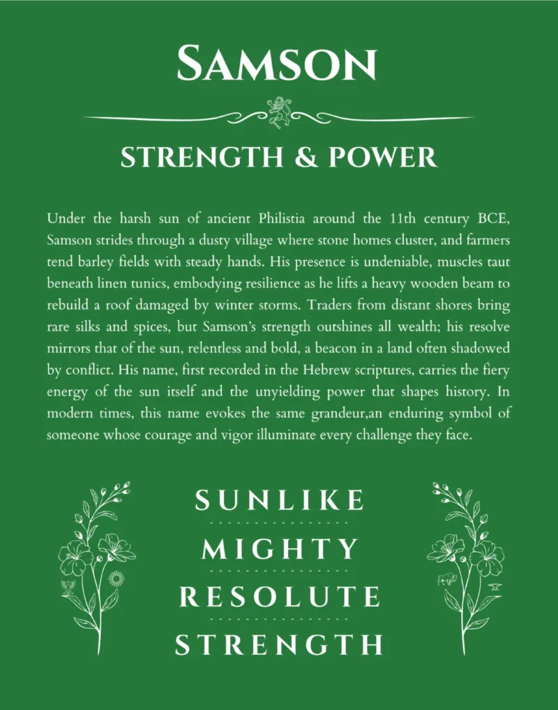 Samson personalized name print with origin and traits in dark green
