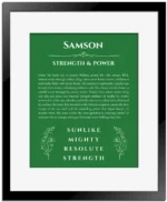 Samson personalized name print with origin and traits in dark green with black matte frame
