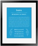 Sana custom name meaning print in blue with black matte frame