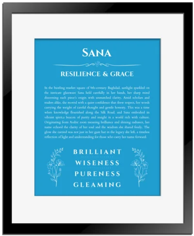 Sana custom name meaning print in blue with black matte frame