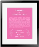Sanaya personalized name meaning print in pink with black matte frame
