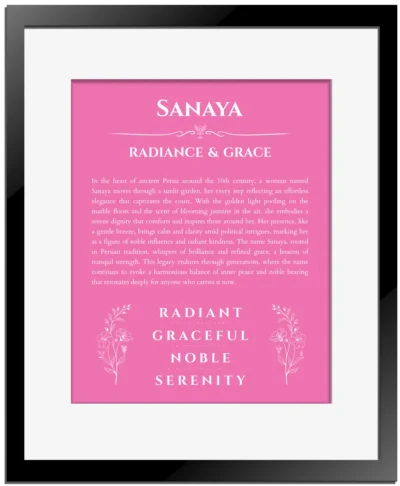 Sanaya personalized name meaning print in pink with black matte frame