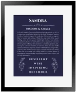 Sandra custom name print for wall display in navy blue with black matte frame