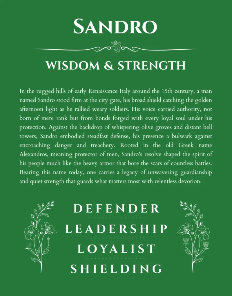 Sandro name origin print with meaning and traits in dark green