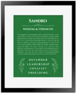 Sandro name origin print with meaning and traits in dark green with black matte frame