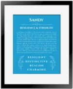 Sandy name origin print with meaning and traits in blue with black matte frame