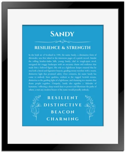 Sandy name origin print with meaning and traits in blue with black matte frame