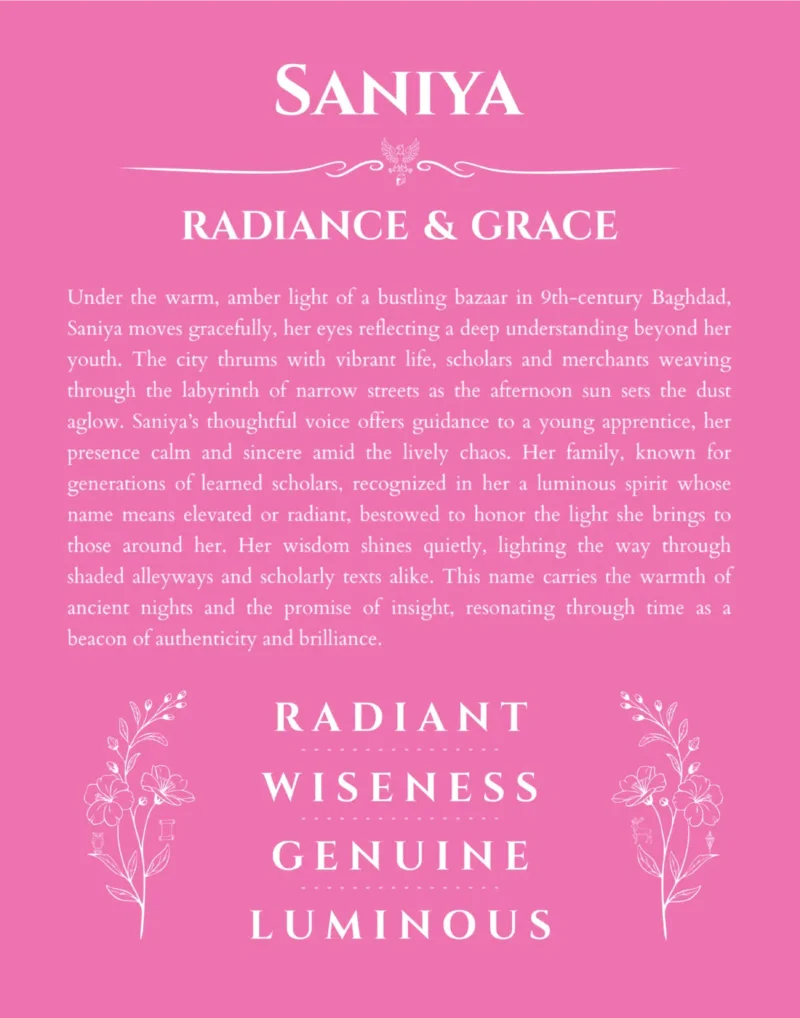 Saniya name origin print with meaning and traits in pink