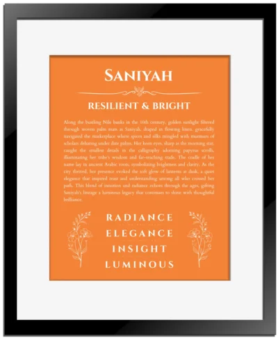 Saniyah personalized name print with origin and traits in orange with black matte frame