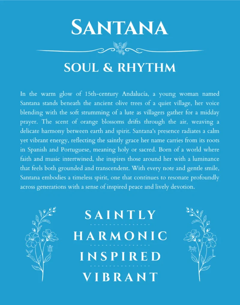 Santana name origin print with meaning and traits in blue