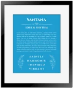 Santana name origin print with meaning and traits in blue with black matte frame