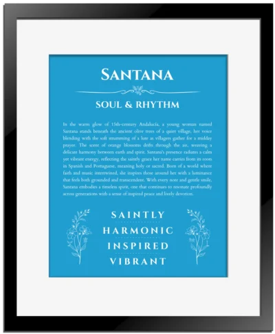 Santana name origin print with meaning and traits in blue with black matte frame