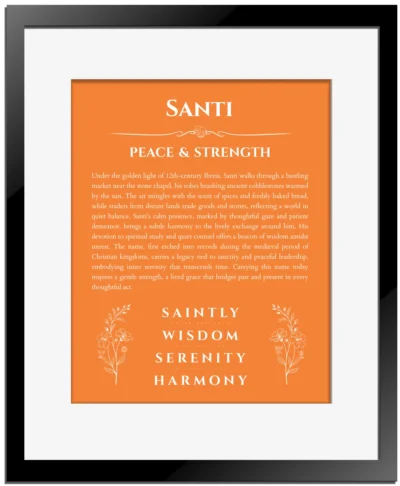 Santi name meaning wall art by Get Your Story in orange with black matte frame