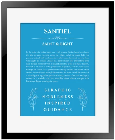 Santiel name meaning wall art by Get Your Story in blue with black matte frame
