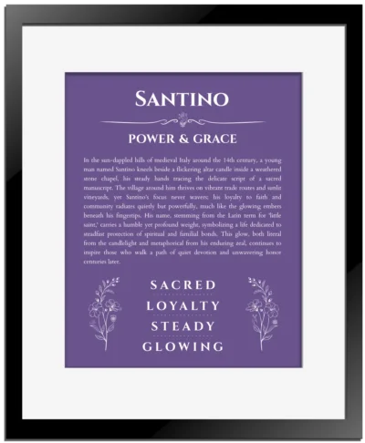 Santino custom name meaning print in purple with black matte frame