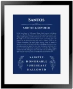 Santos name meaning gift print in deep blue with black matte frame
