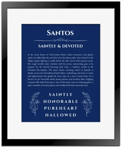Santos name meaning gift print in deep blue with black matte frame
