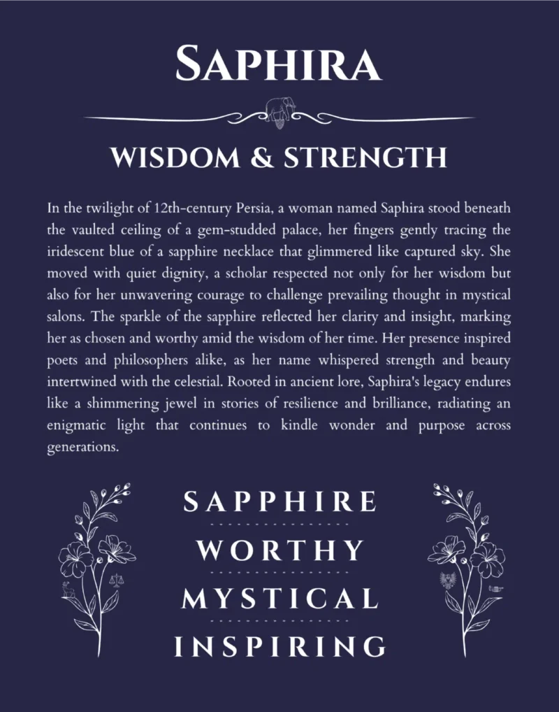Saphira custom name art showing meaning and origin in navy blue