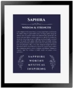 Saphira custom name art showing meaning and origin in navy blue with black matte frame