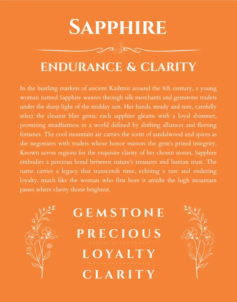 Sapphire personalized name art with origin story in orange