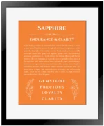 Sapphire personalized name art with origin story in orange with black matte frame