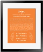 Sara name meaning gift print in orange with black matte frame
