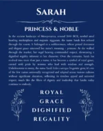 Sarah personalized name print with origin and traits in deep blue
