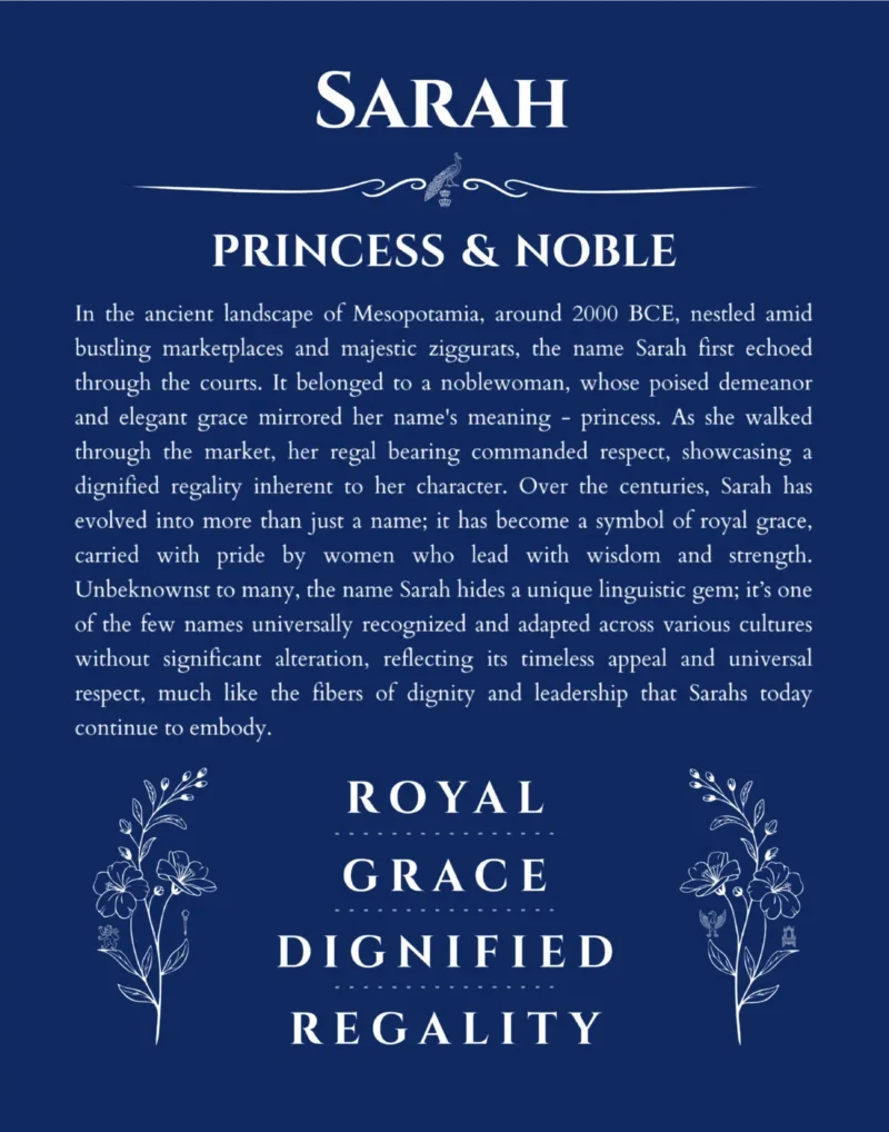 Sarah personalized name print with origin and traits in deep blue