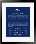 Sarah personalized name print with origin and traits in deep blue with black matte frame