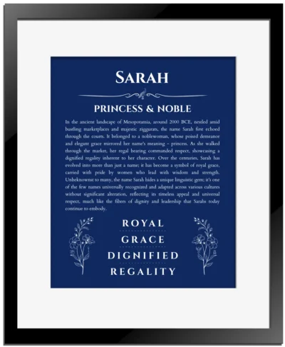 Sarah personalized name print with origin and traits in deep blue with black matte frame