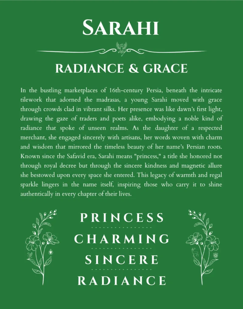 Sarahi personalized wall art with the story of your name in dark green