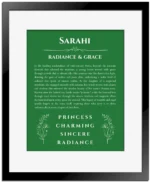Sarahi personalized wall art with the story of your name in dark green with black matte frame