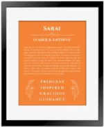 Sarai name origin print with meaning and traits in orange with black matte frame