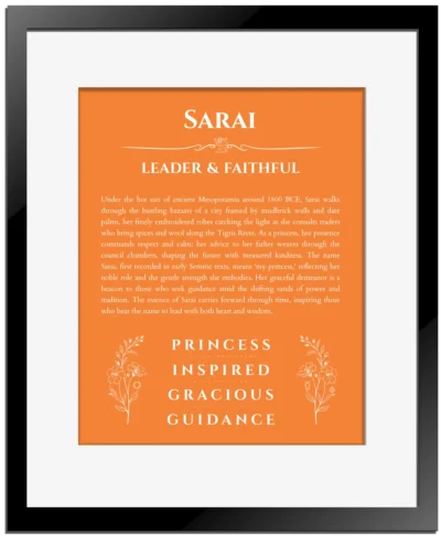 Sarai name origin print with meaning and traits in orange with black matte frame