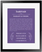 Sariyah personalized name art with origin story in purple with black matte frame